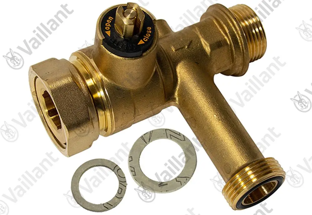 Vaillant Ventil mit drei Anschlüssen, aus Messing gefertigt. Sichtbare Einstellmarkierung für den Öffnungs- und Schließmechanismus. Beiligende Dichtungen sind sichtbar.